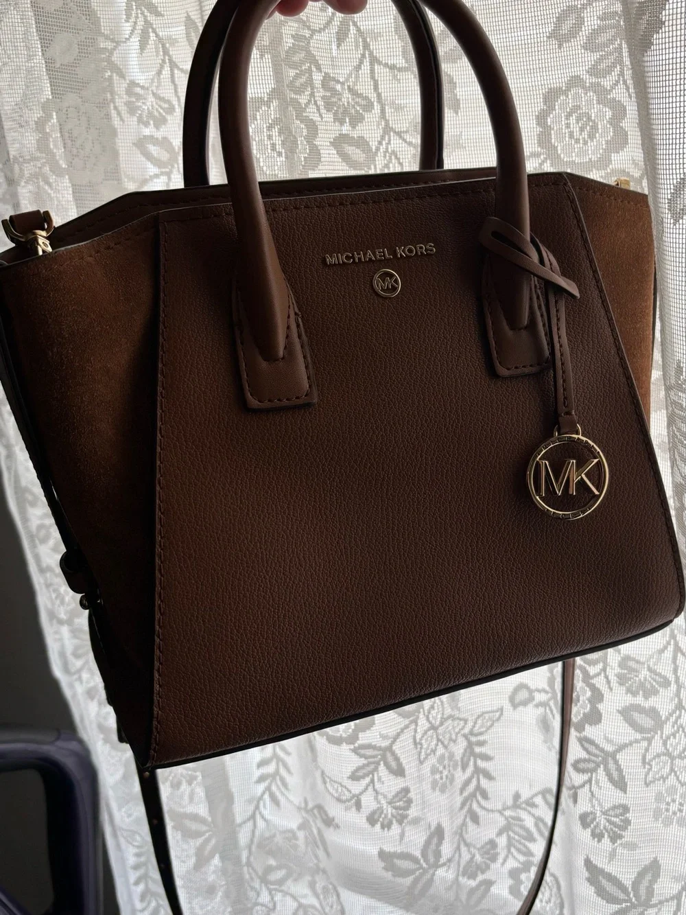 Michael Kors  Small Avril Brown Leather/Suede Satchel with Gold MK Charm